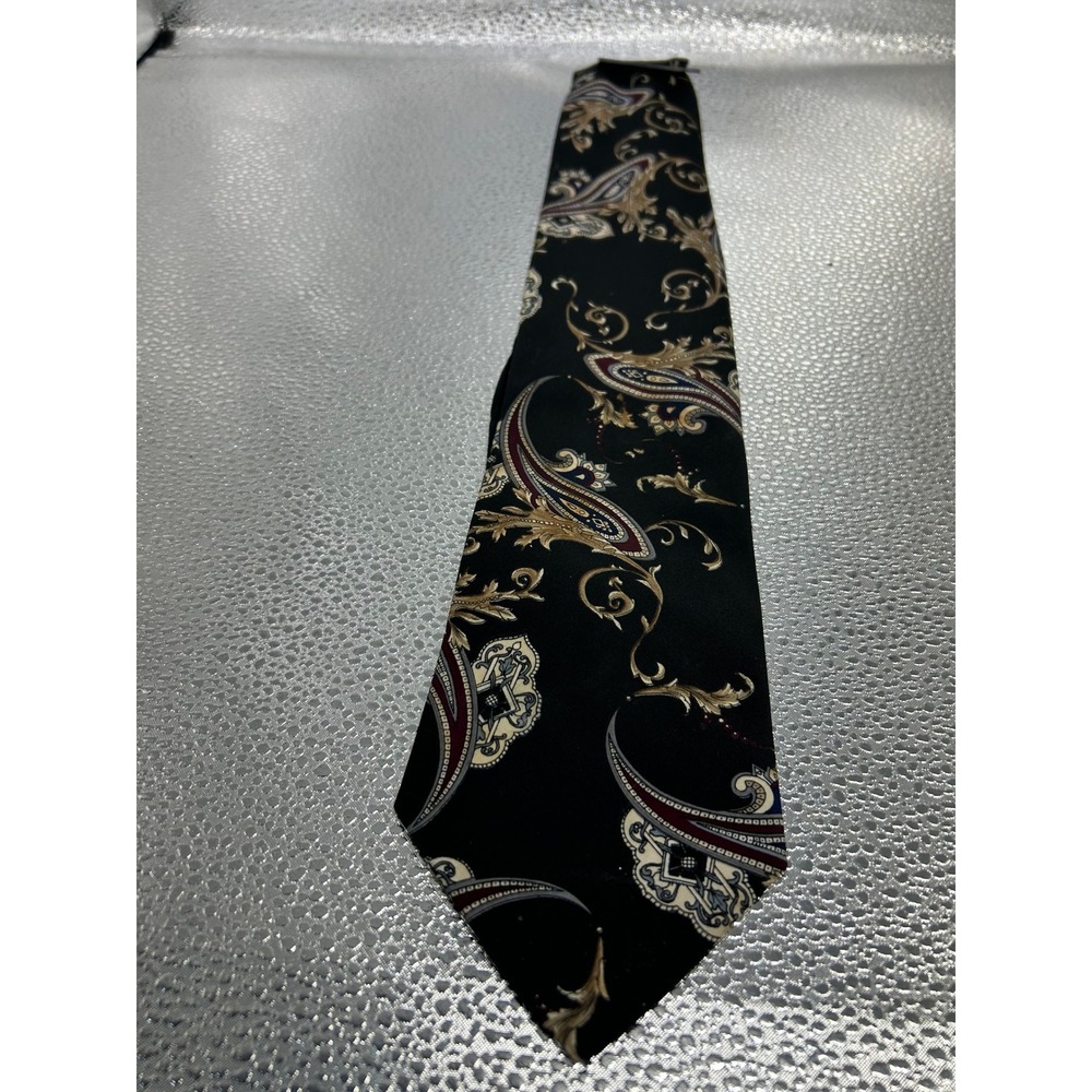 Town Craft Men Paisley Silk Blend Tie Black Gold Burgundy Scroll Pattern Necktie